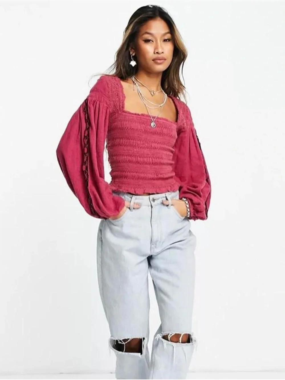 Free People Maggie Embroidered Smocked Square-Neck top. Size medium